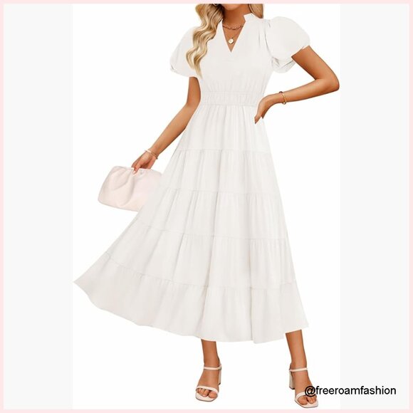 Maxi Dress Puff Sleeve V Neck Ruffle Tiered Boho Beach Casual